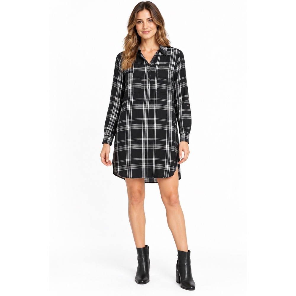 SO Perfectly Soft Plaid Shirt Dress Black White Long Sleeve Button Front Large